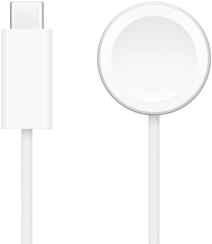 Un cargador USB-C al lado de un cable de carga rápida magnética para el Apple Watch