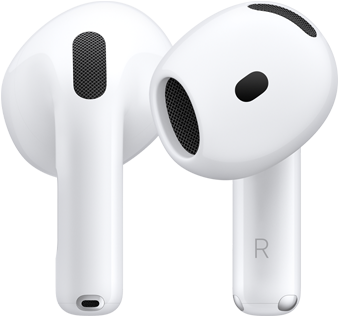 Parte trasera del auricular izquierdo de unos AirPods, parte delantera del auricular derecho de unos AirPods, la parte alargada lleva la letra R para indicar que va en el oído derecho