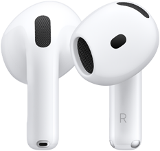 Parte trasera del auricular izquierdo de unos AirPods, parte delantera del auricular derecho de unos AirPods, la parte alargada lleva la letra R para indicar que va en el oído derecho