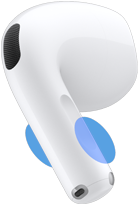Parte exterior de un auricular de los AirPod 5, círculos azules que indican dónde tocar en la parte alargada para controlar el volumen