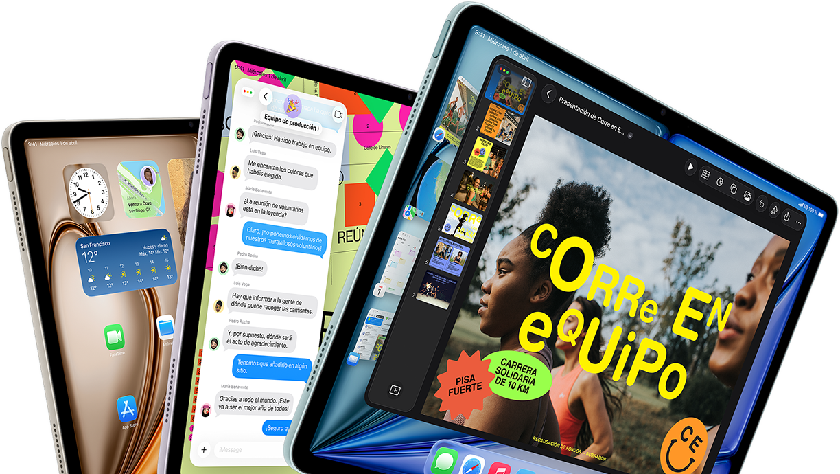 Tres iPad Air dispuestos en forma de abanico, colores: azul, púrpura, blanco estrella, parte delantera exterior, lateral exterior, en las pantallas se muestran la app Keynote, la app Mensajes y la pantalla de inicio