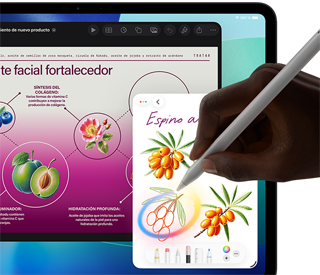 iPad Pro, parte delantera exterior, pantalla con un fondo degradado de azul oscuro a verde que muestra varias apps abiertas, una mano sujeta un Apple Pencil Pro y hace un círculo alrededor de un boceto e ilustra la prestación Varita Gráfica de Apple Intelligence