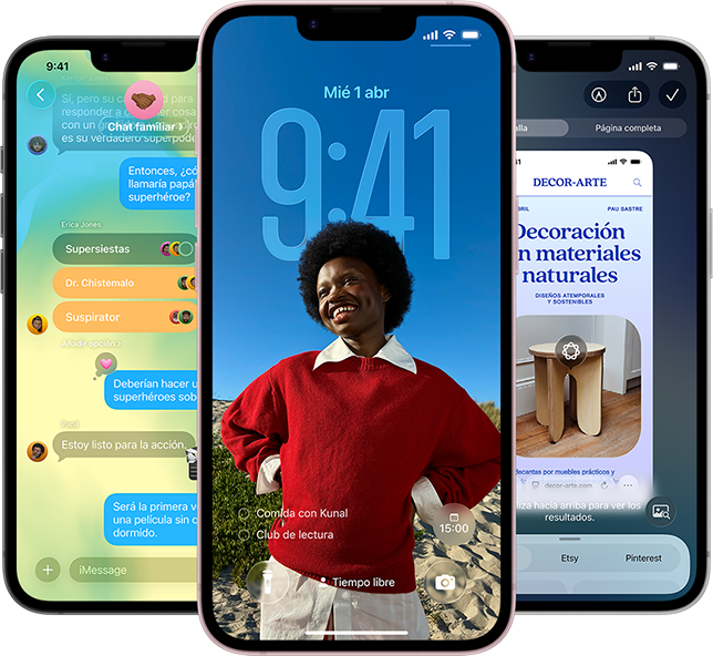 Tres iPhone 17e, se muestra la app Mensajes con el dise&ntilde;o Liquid Glass, la pantalla de bloqueo din&aacute;mica y la inteligencia visual en uso