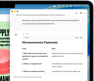 Pantalla de un MacBook Air que muestra cómo la función Herramientas de Escritura de Apple Intelligence crea fichas de estudio sobre micro y macroeconomía