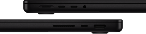 Puertos del MacBook Pro, puertos del lateral izquierdo: puerto de carga MagSafe, dos puertos Thunderbolt y toma para auriculares; puertos del lateral derecho: ranura para tarjetas SDXC, puerto Thunderbolt y puerto HDMI