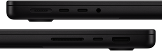 Puertos del MacBook Pro, puertos del lateral izquierdo: puerto de carga MagSafe, dos puertos Thunderbolt y toma para auriculares; puertos del lateral derecho: ranura para tarjetas SDXC, puerto Thunderbolt y puerto HDMI