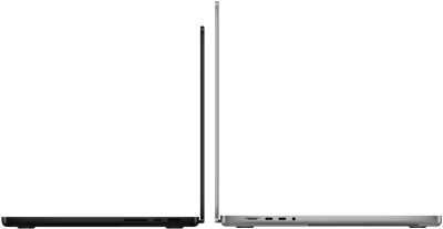 MacBook Pro de 14 pulgadas y otro de 16 pulgadas colocados uno contra otro, muestran la diferencia de tamaño y resaltan el perfil fino