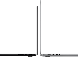 MacBook Pro de 14 pulgadas y otro de 16 pulgadas colocados uno contra otro, muestran la diferencia de tamaño y resaltan el perfil fino
