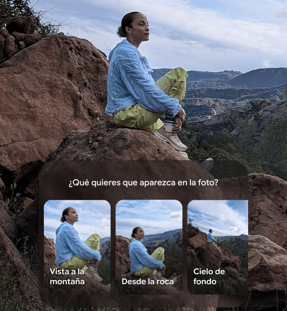Imagen de estilo de vida de una mujer sentada en la ladera de una montaña con la pantalla de Asistente de cámara superpuesta.
