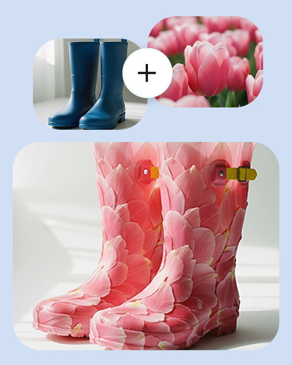 Primer plano de un par de botas de agua de color verde azulado. Imagen abstracta en primer plano de tulipanes de color rosa. Primer plano de un par de botas Wellington con estampado floral de tulipanes.