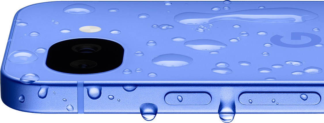 Imagen del dispositivo Pixel 10a en color lavanda con gotas de agua para representar su característica de resistente al agua.
