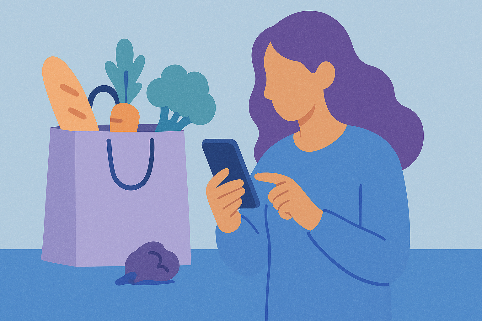 Ilustración de una mujer con un móvil y una bolsa de la compra Ilustración de una mujer con un móvil y una bolsa de la compra